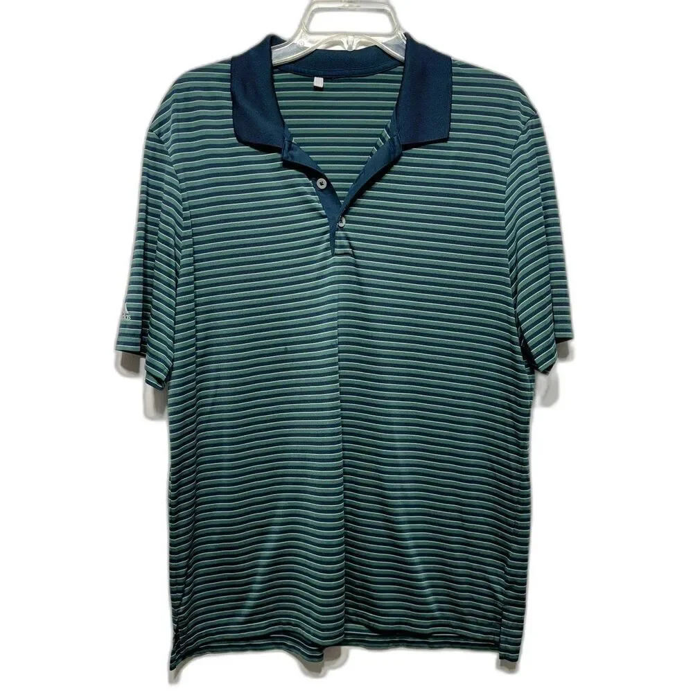 Adidas Polo Shirt Teal & Green Stripe Short Sleeve Collared Mens sz Large